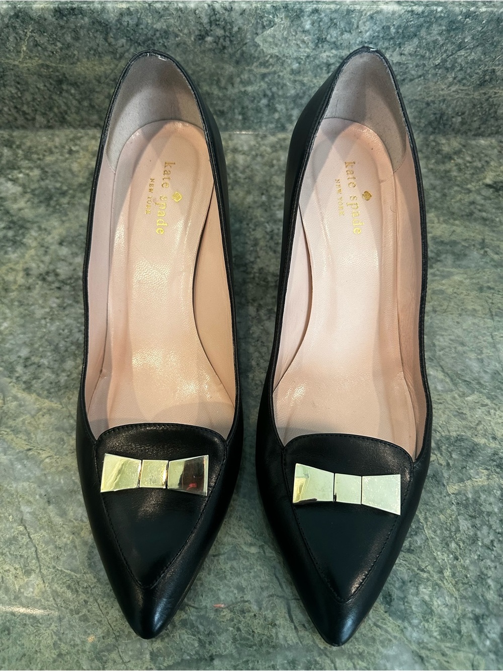 kate spade Black Leather Pointed Toe Flats with Gold Bow Accent